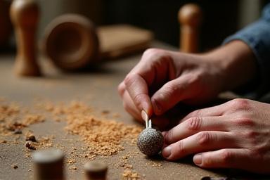 Mani che intagliano un pezzo di legno con strumenti tradizionali