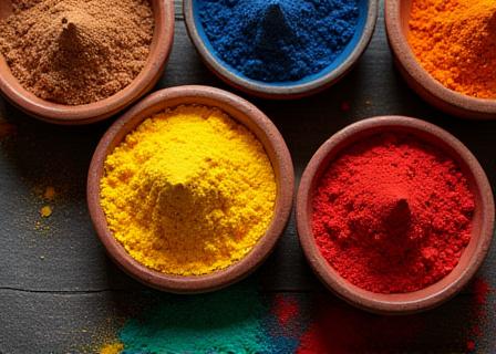 Terre colorate e pigmenti naturali in ciotole per tintura