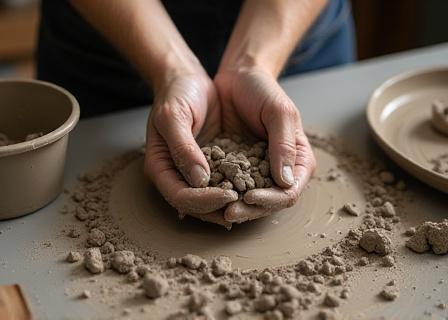Artigiani che riciclano scarti di argilla nel laboratorio